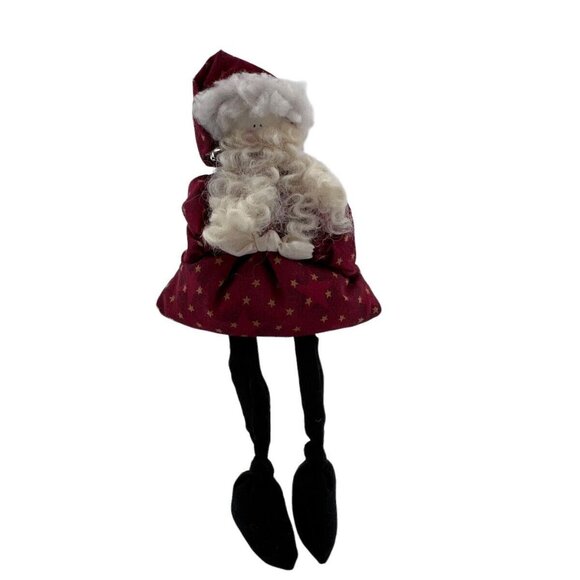 Handcrafted Santa Claus Shelf Sitter With Red Star Pattern Dress & Long Black Le - Picture 2 of 10